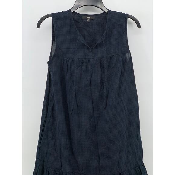UNIQLO Women's Navy-Black Gingham Split Tie-Neck Sleeveless Belted Dress SZ XS - Picture 4 of 13